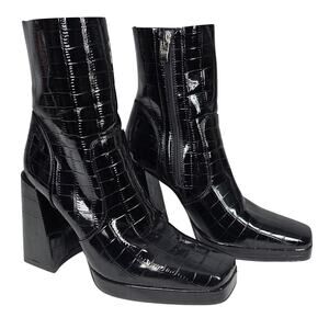 PRINCESS POLLY WOMEN’S BLACK CROC VEGAN PATENT 4.5" HEEL LEATHER BOOTS – SIZE 8
